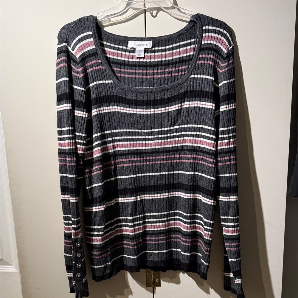super soft ribbed sweater with grey/black/pink/white stripes